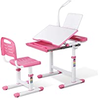 Bamny Juego de Escritorio en Altura Ajustable para Niños de 3 a 14 años-Escritorio Infantil ergonómico con Lámpara LED y…